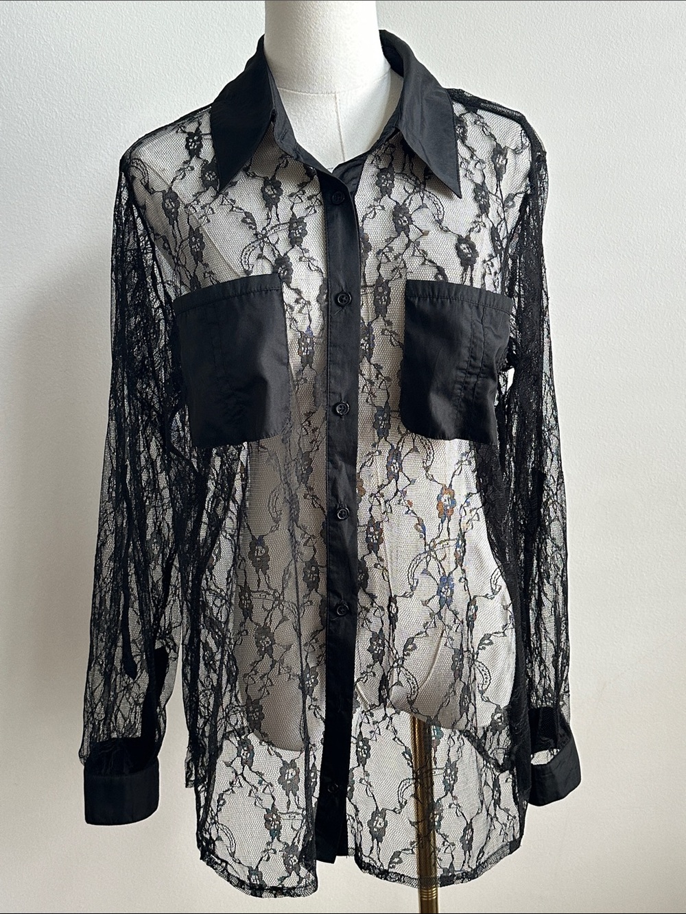 Y2K Sheer Black Lace Button Up Roll Tab Layering Top XL Goth Dark Moody Romantic